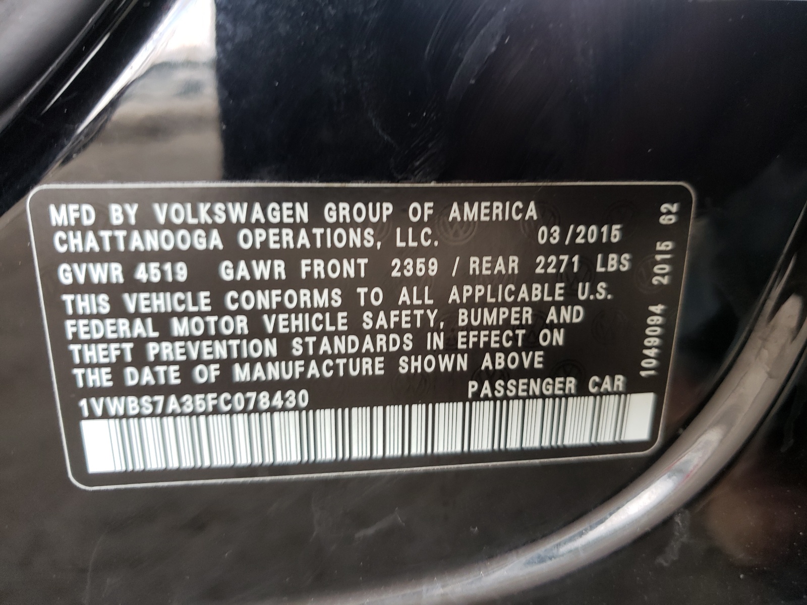 Photo 10 from auction – 2015 VOLKSWAGEN PASSAT SE with VIN 1VWBS7A35FC078430