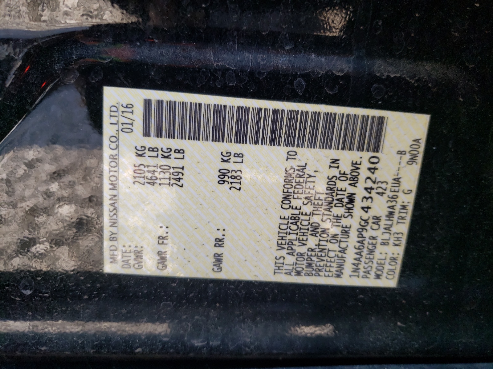 Photo 10 from auction – 2016 NISSAN MAXIMA 3.5 with VIN 1N4AA6AP9GC434240