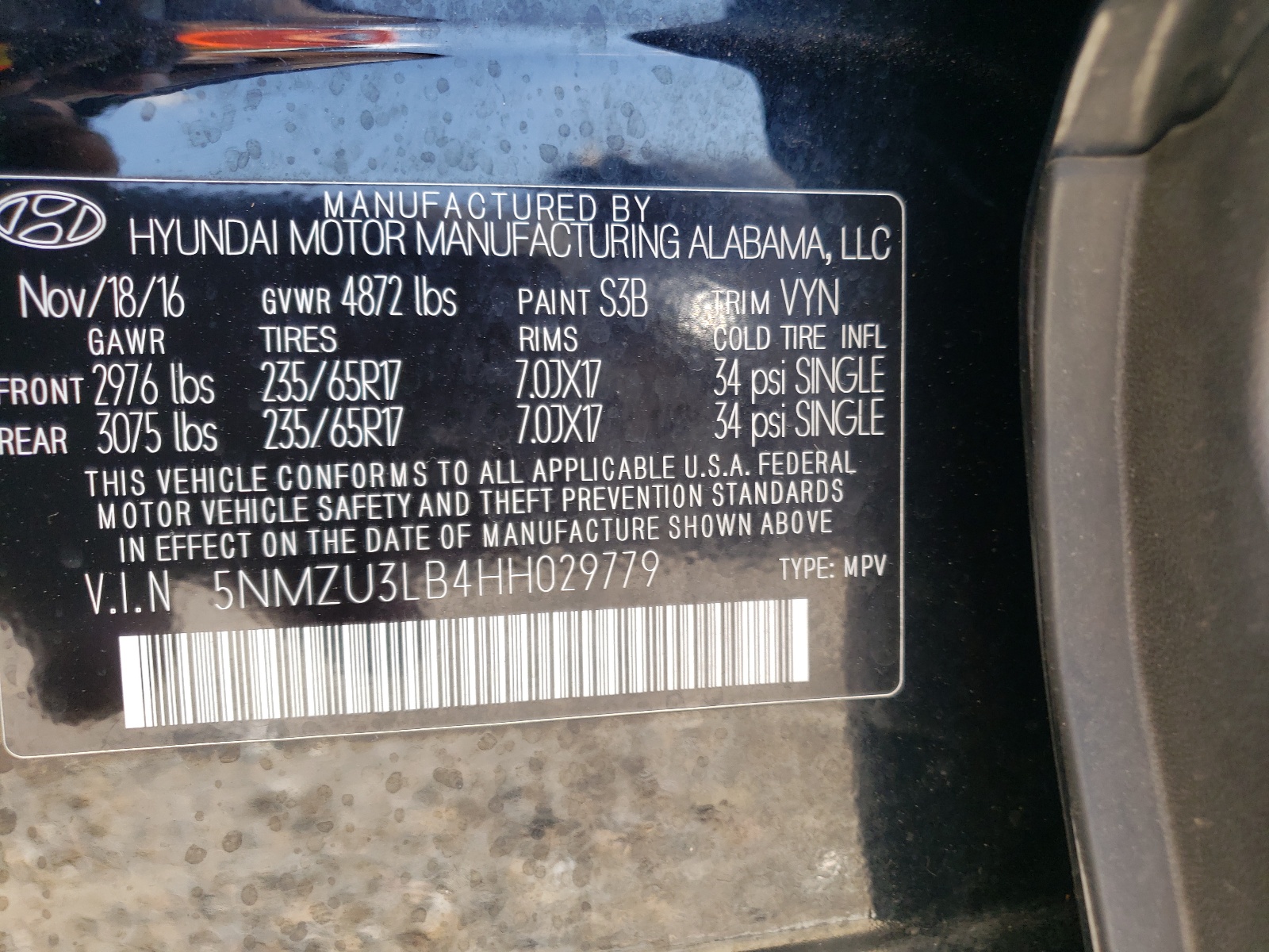 Photo 10 from auction – 2017 HYUNDAI SANTA FE S with VIN 5NMZU3LB4HH029779