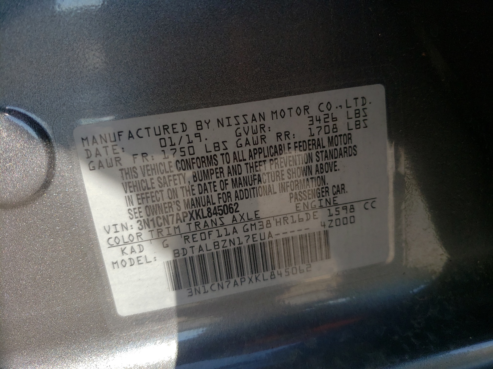 Photo 10 from auction – 2019 NISSAN VERSA S with VIN 3N1CN7APXKL845062