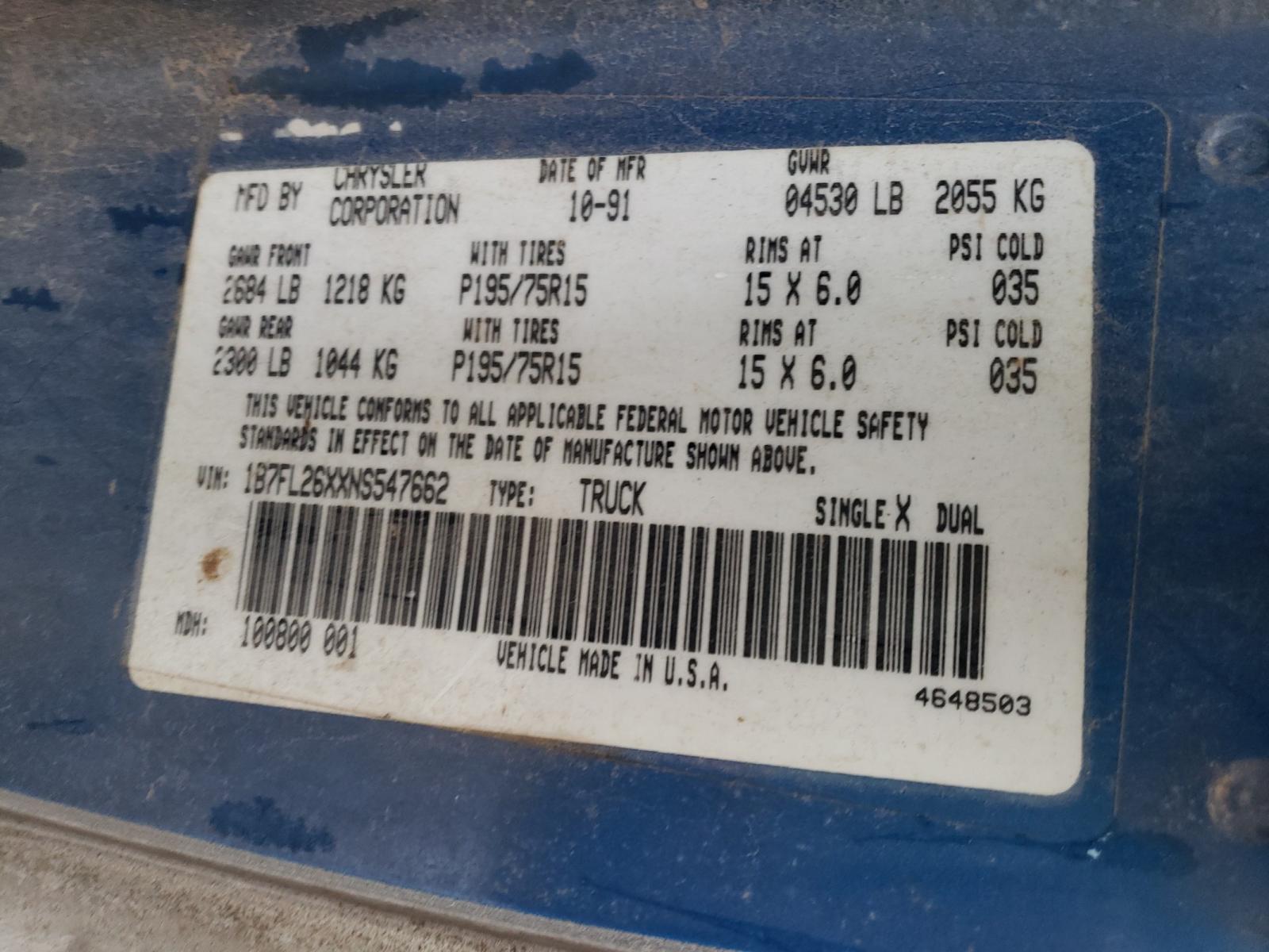 Photo 10 from auction – 1992 DODGE DAKOTA with VIN 1B7FL26XXNS547662