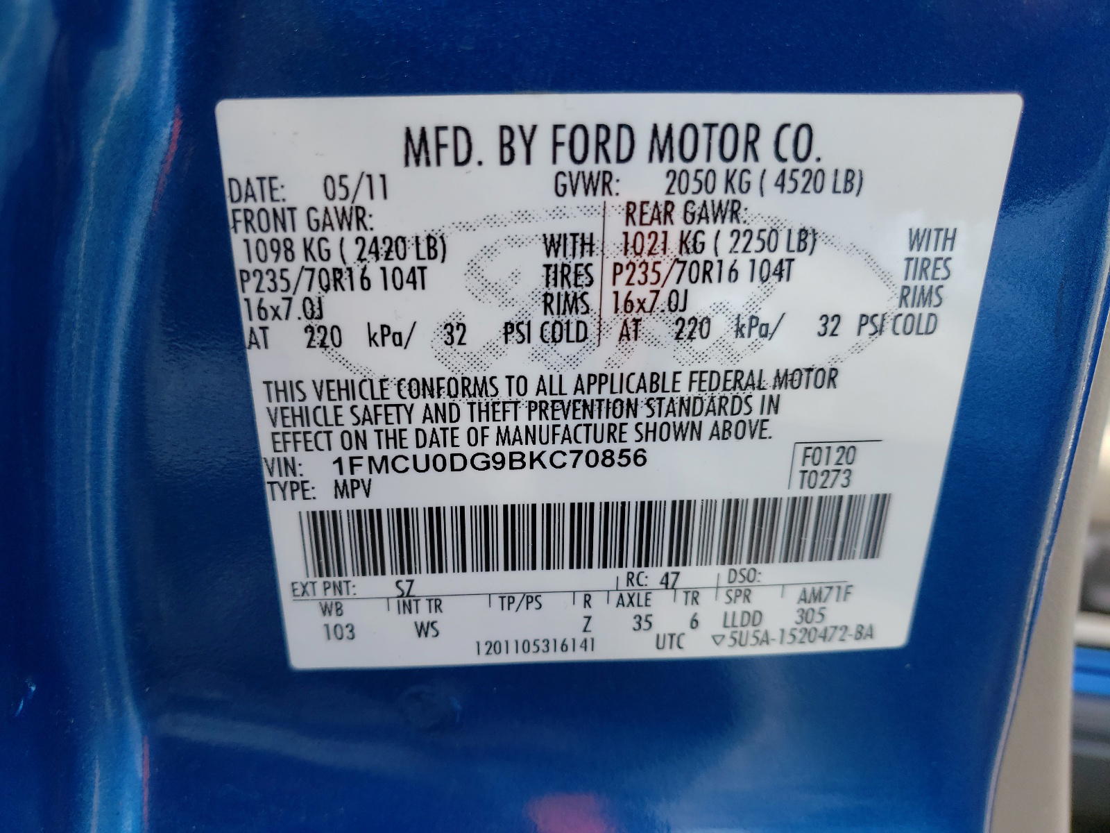 Photo 10 from auction – 2011 FORD ESCAPE XLT with VIN 1FMCU0DG9BKC70856