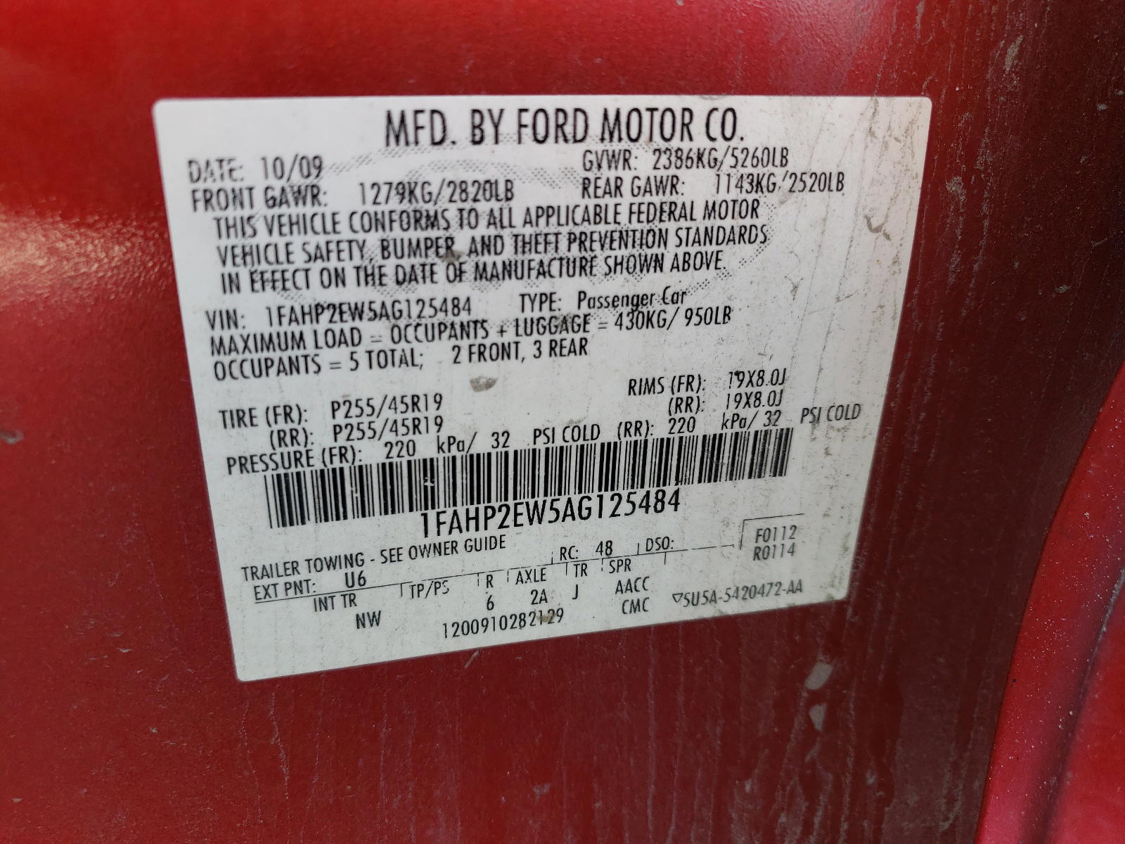 Photo 10 from auction – 2010 FORD TAURUS SEL with VIN 1FAHP2EW5AG125484