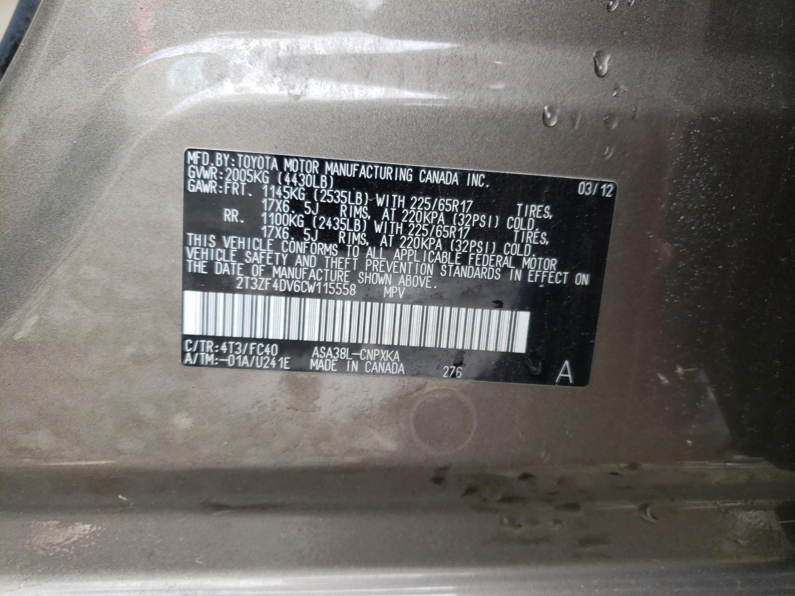 Photo 10 from auction – 2012 TOYOTA RAV4 with VIN 2T3ZF4DV6CW115558