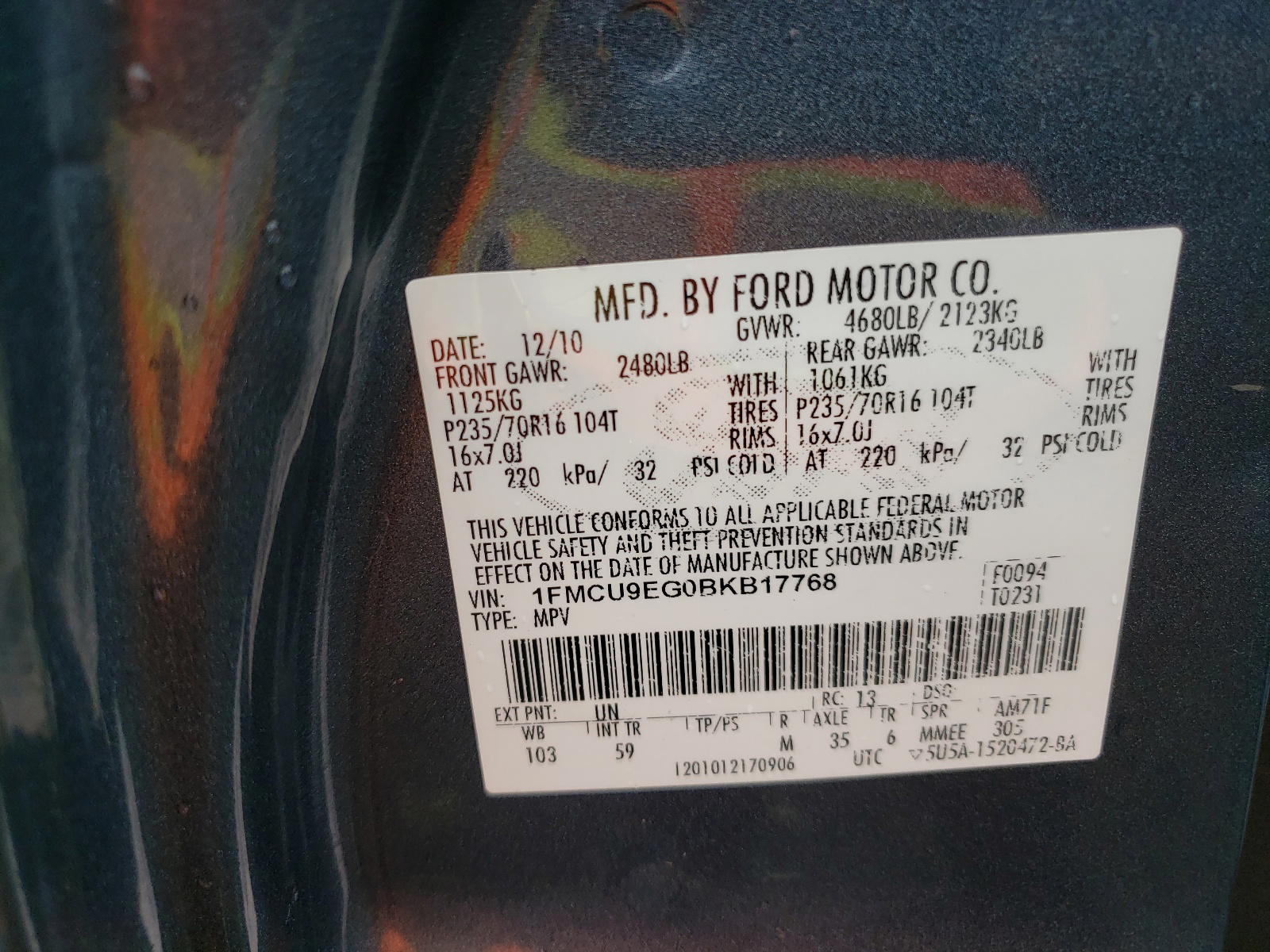 Photo 10 from auction – 2011 FORD ESCAPE with VIN 1FMCU9EG0BKB17768