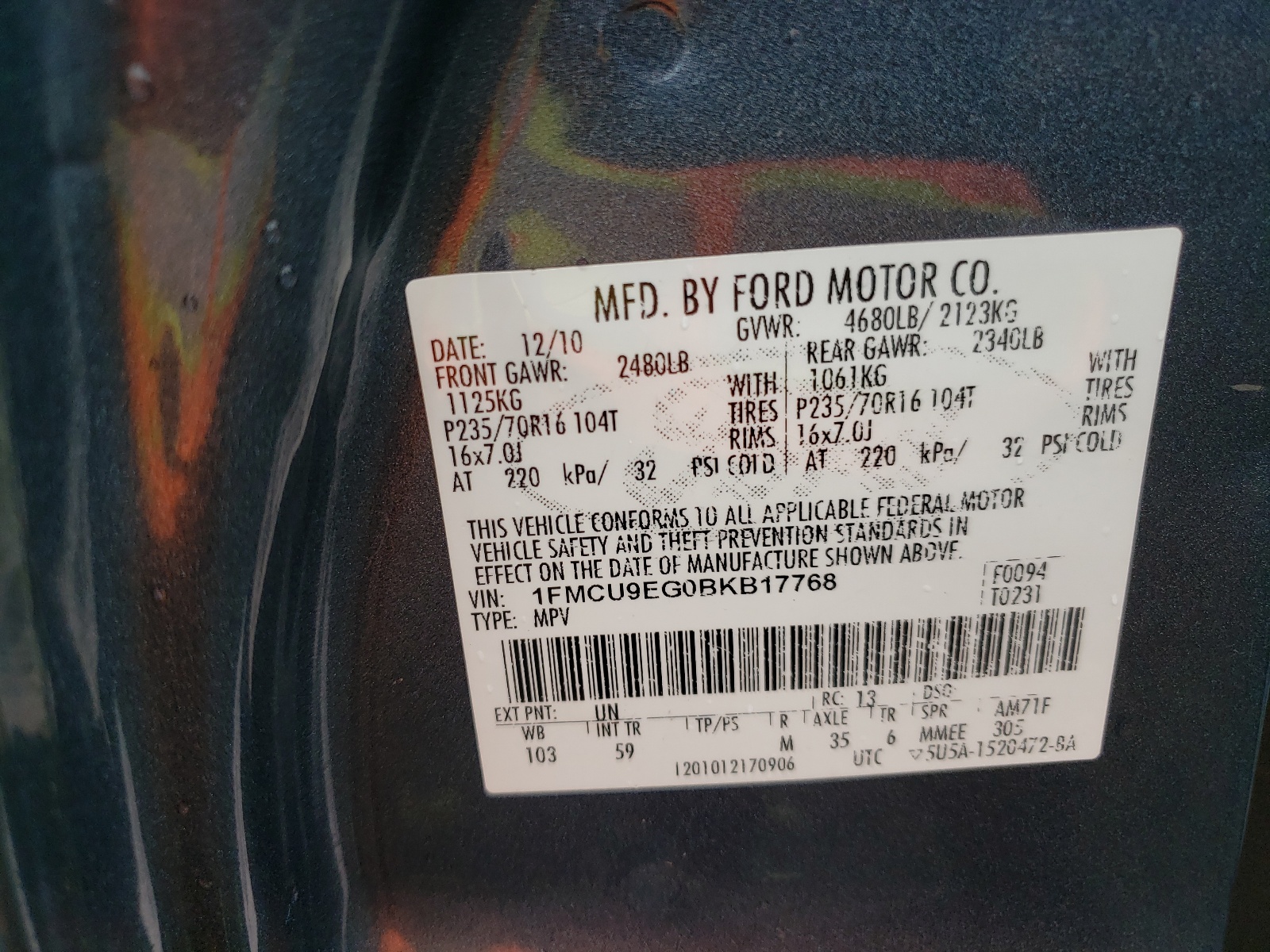 Фото 10 с аукциона – 2011 FORD ESCAPE с VIN 1FMCU9EG0BKB17768