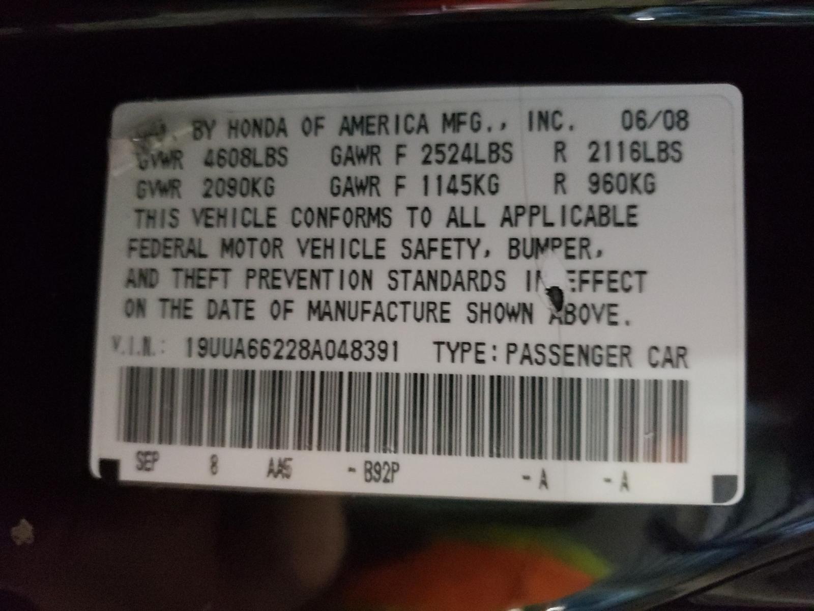 Photo 10 from auction – 2008 ACURA TL with VIN 19UUA66228A048391