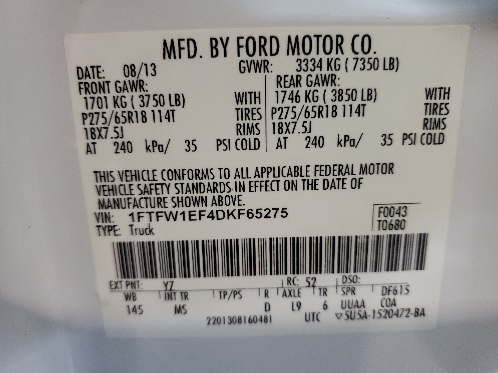Photo 10 from auction – 2013 FORD F150 SUPER with VIN 1FTFW1EF4DKF65275