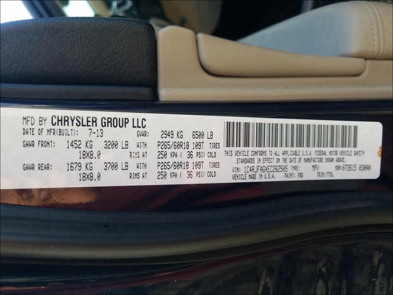 Photo 10 from auction – 2014 JEEP GRAND CHER with VIN 1C4RJFAGXEC262505