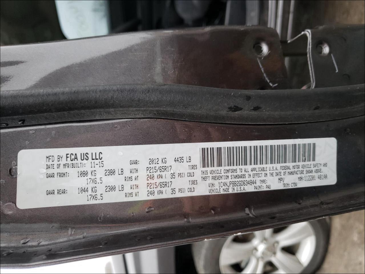 Photo 10 from auction – 2016 JEEP PATRIOT SP with VIN 1C4NJPBB2GD634844