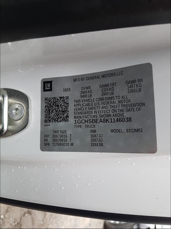 Photo 10 from auction – 2019 CHEVROLET COLORADO with VIN 1GCHSBEA8K1146038