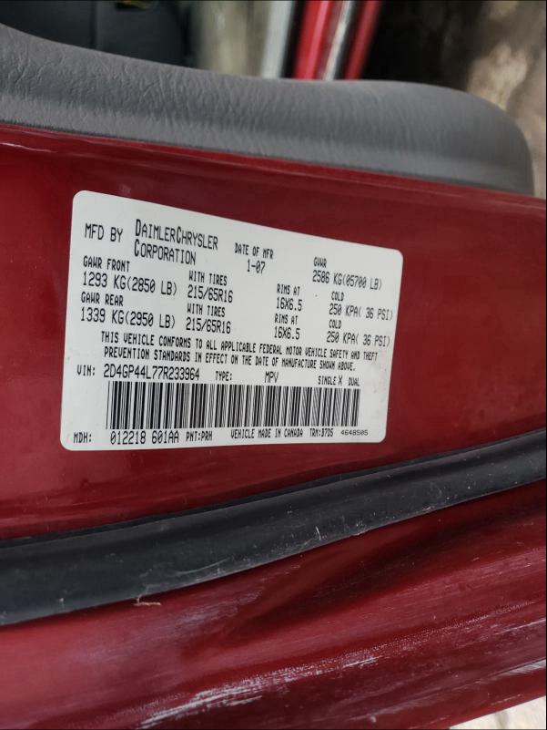 Photo 10 from auction – 2007 DODGE GRAND CARA with VIN 2D4GP44L77R233964
