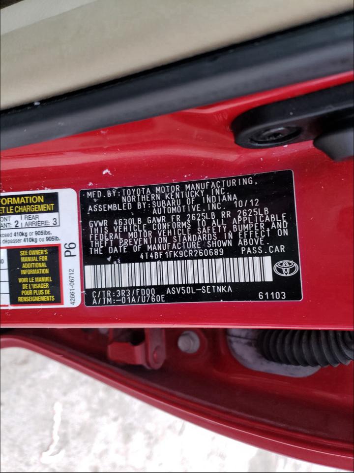 Photo 10 from auction – 2012 TOYOTA CAMRY BASE with VIN 4T4BF1FK9CR260689
