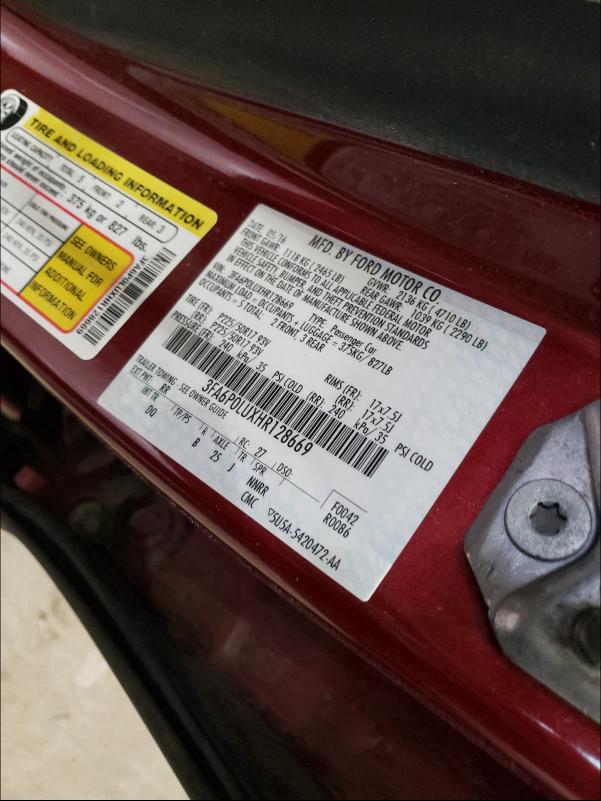 Photo 10 from auction – 2017 FORD FUSION SE with VIN 3FA6P0LUXHR128669