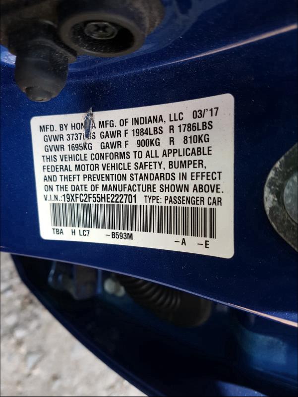 Photo 10 from auction – 2017 HONDA CIVIC LX with VIN 19XFC2F55HE222701