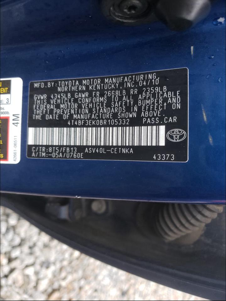 Фото 10 с аукциона – 2011 TOYOTA CAMRY BASE с VIN 4T4BF3EK0BR105332