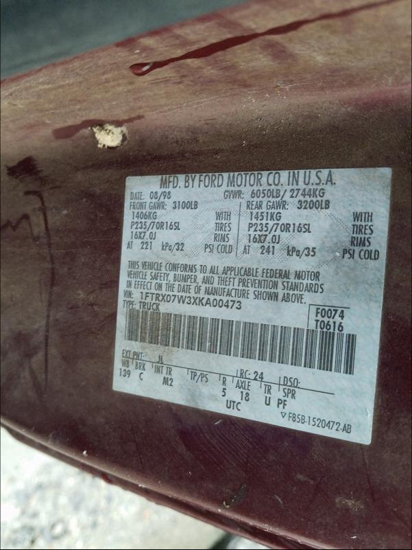 Photo 10 from auction – 1999 FORD F150 with VIN 1FTRX07W3XKA00473