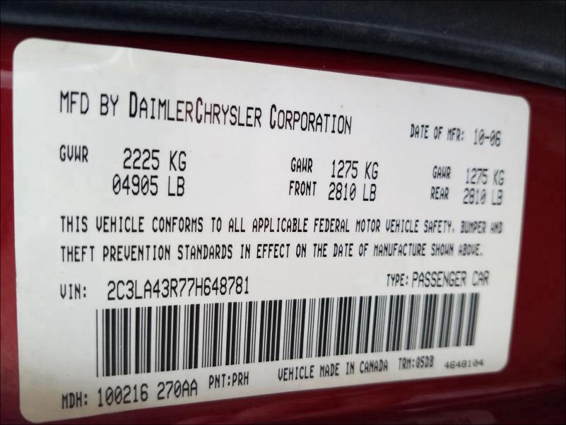 Photo 10 from auction – 2007 CHRYSLER 300 with VIN 2C3LA43R77H648781