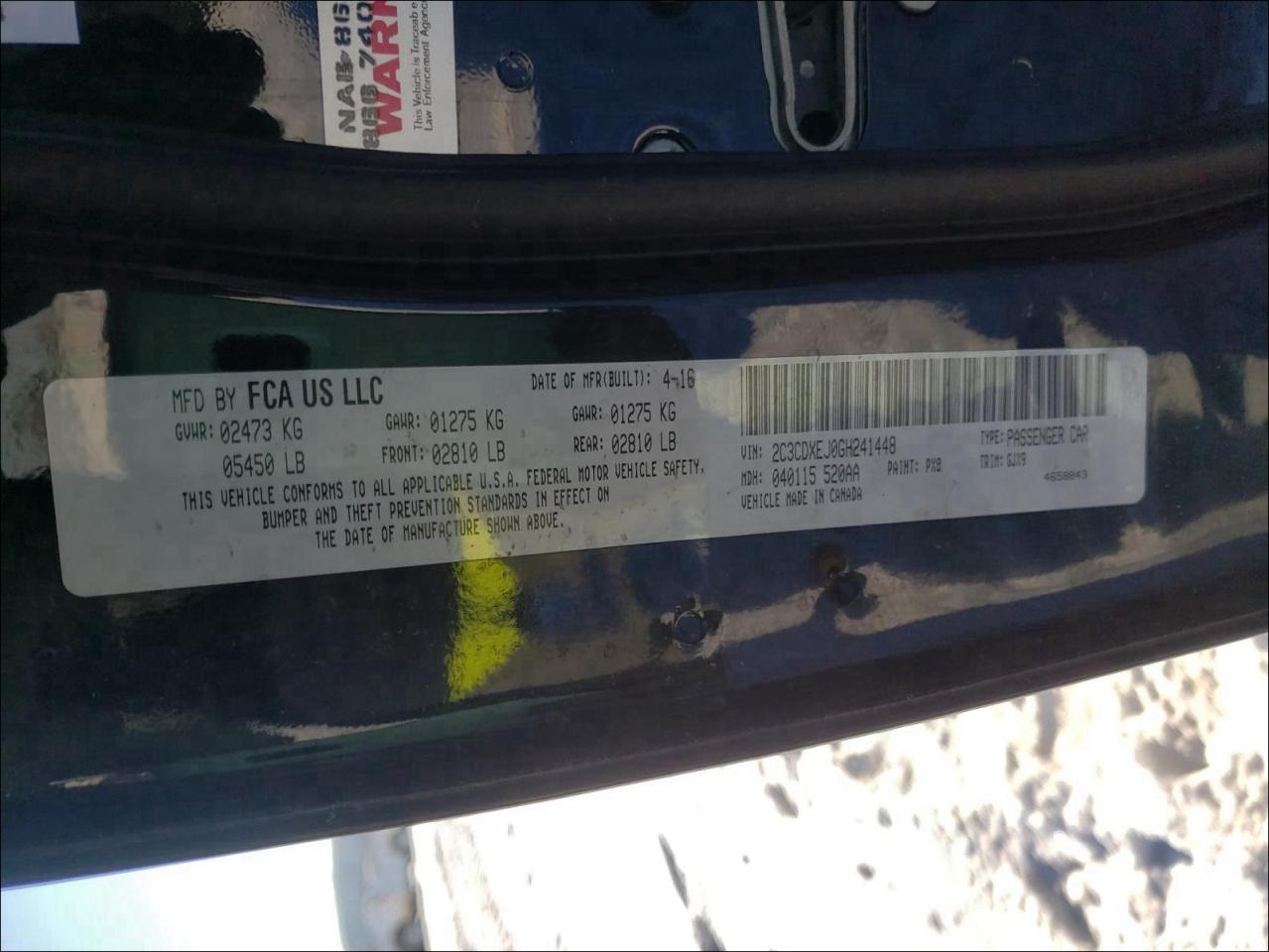 Photo 10 from auction – 2016 DODGE CHARGER SR with VIN 2C3CDXEJ0GH241448