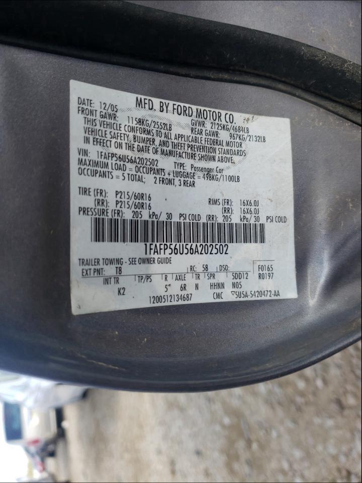 Photo 10 from auction – 2006 FORD TAURUS with VIN 1FAFP56U56A202502