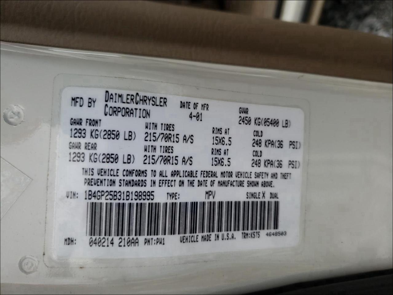 Photo 10 from auction – 2001 DODGE CARAVAN SE with VIN 1B4GP25B31B198995