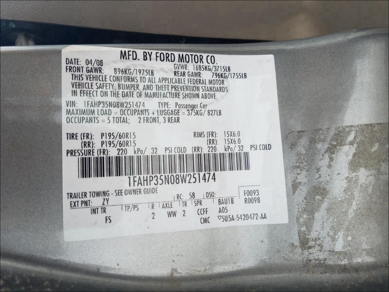 Photo 10 from auction – 2008 FORD FOCUS SE with VIN 1FAHP35N08W251474