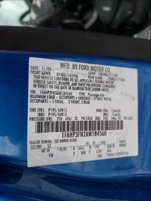 Photo 10 from auction – 2010 FORD FOCUS SE with VIN 1FAHP3FN2AW184560