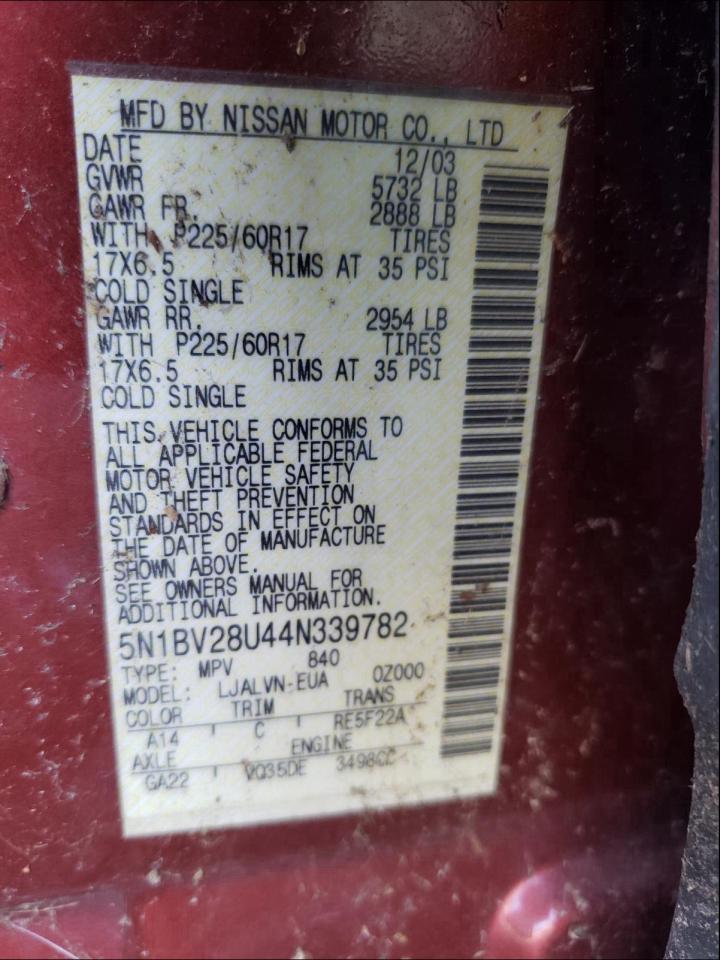 Photo 10 from auction – 2004 NISSAN QUEST S with VIN 5N1BV28U44N339782