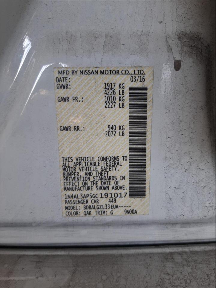 Photo 10 from auction – 2016 NISSAN ALTIMA 2.5 with VIN 1N4AL3AP5GC191017