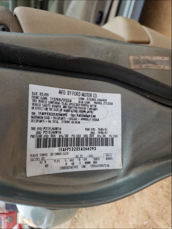 Photo 10 from auction – 2005 FORD TAURUS SE with VIN 1FAFP532X5A266293