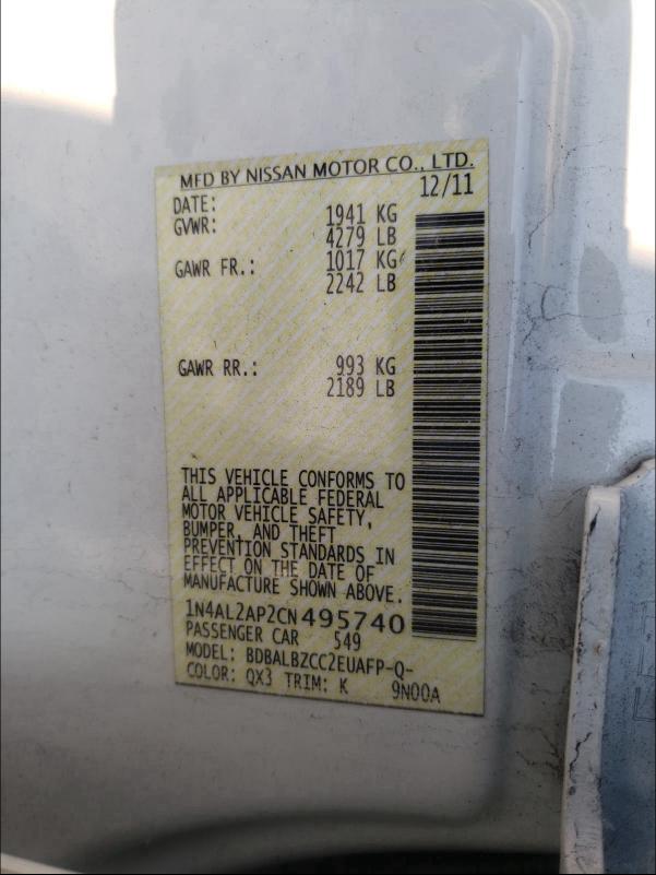 Photo 10 from auction – 2012 NISSAN ALTIMA BAS with VIN 1N4AL2AP2CN495740