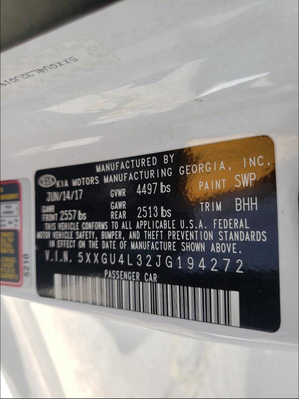 Photo 10 from auction – 2018 KIA OPTIMA EX with VIN 5XXGU4L32JG194272