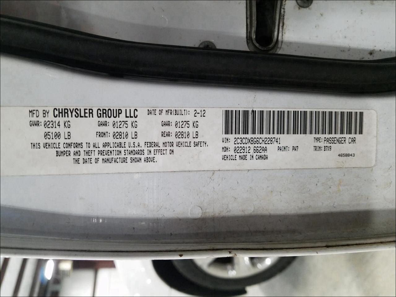 Photo 10 from auction – 2012 DODGE CHARGER SE with VIN 2C3CDXBG6CH228741