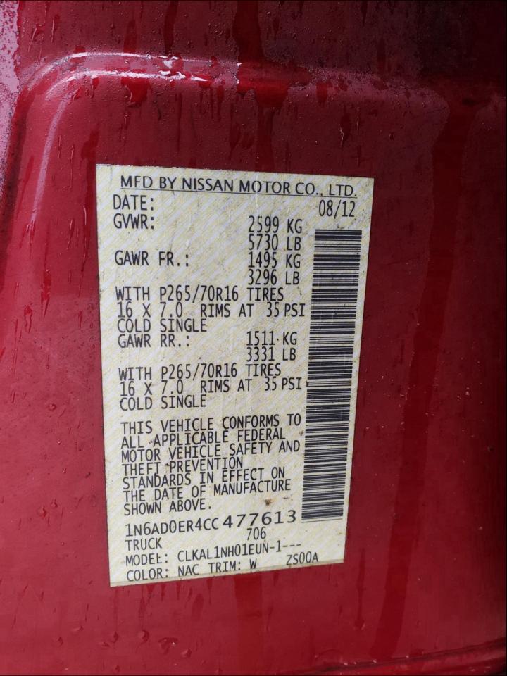 Photo 10 from auction – 2012 NISSAN FRONTIER S with VIN 1N6AD0ER4CC477613
