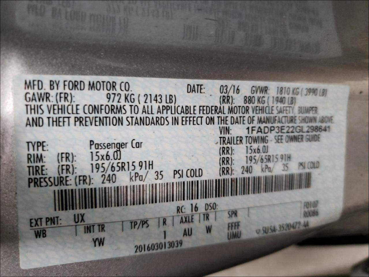 Photo 10 from auction – 2016 FORD FOCUS S with VIN 1FADP3E22GL298641