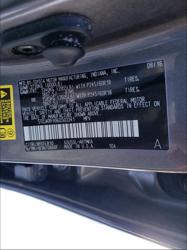 Photo 10 from auction – 2016 TOYOTA HIGHLANDER with VIN 5TDJKRFH9GS503341