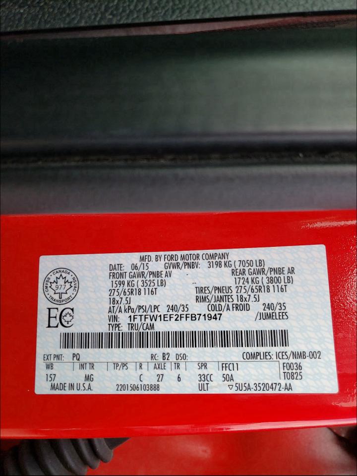 Photo 10 from auction – 2015 FORD F150 SUPER with VIN 1FTFW1EF2FFB71947
