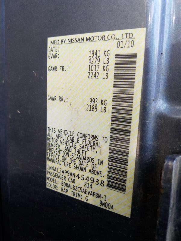 Photo 10 from auction – 2010 NISSAN ALTIMA BAS with VIN 1N4AL2AP9AN454938