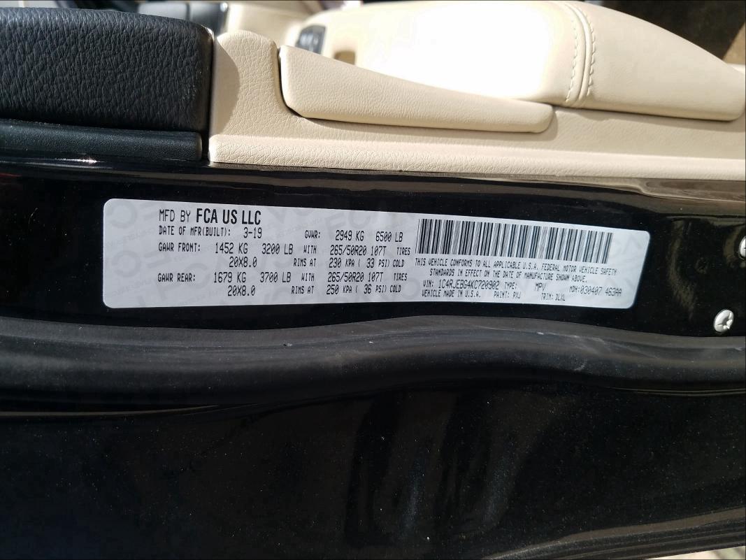 Photo 10 from auction – 2019 JEEP GRAND CHER with VIN 1C4RJEBG4KC720902