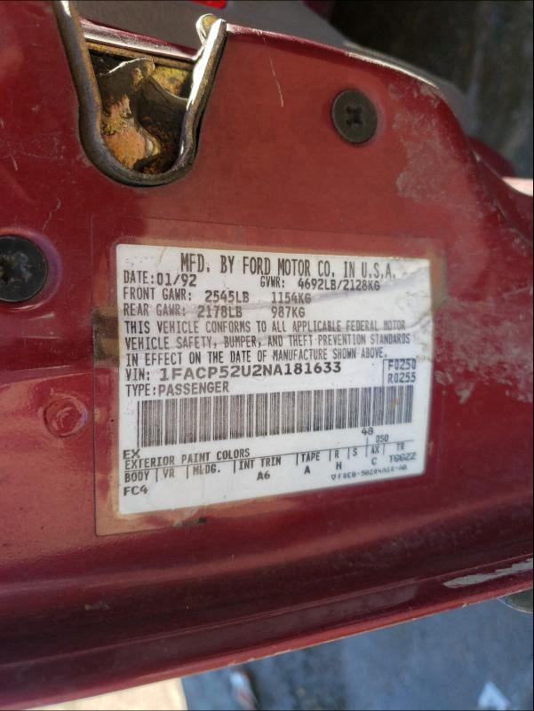 Photo 10 from auction – 1992 FORD TAURUS GL with VIN 1FACP52U2NA181633