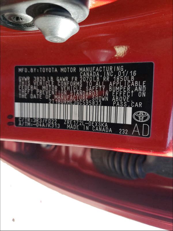 Photo 10 from auction – 2016 TOYOTA COROLLA L with VIN 2T1BURHE3GC595833