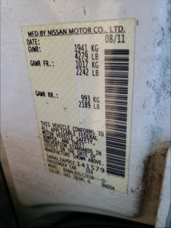 Photo 10 from auction – 2012 NISSAN ALTIMA BAS with VIN 1N4AL2AP0CC141579