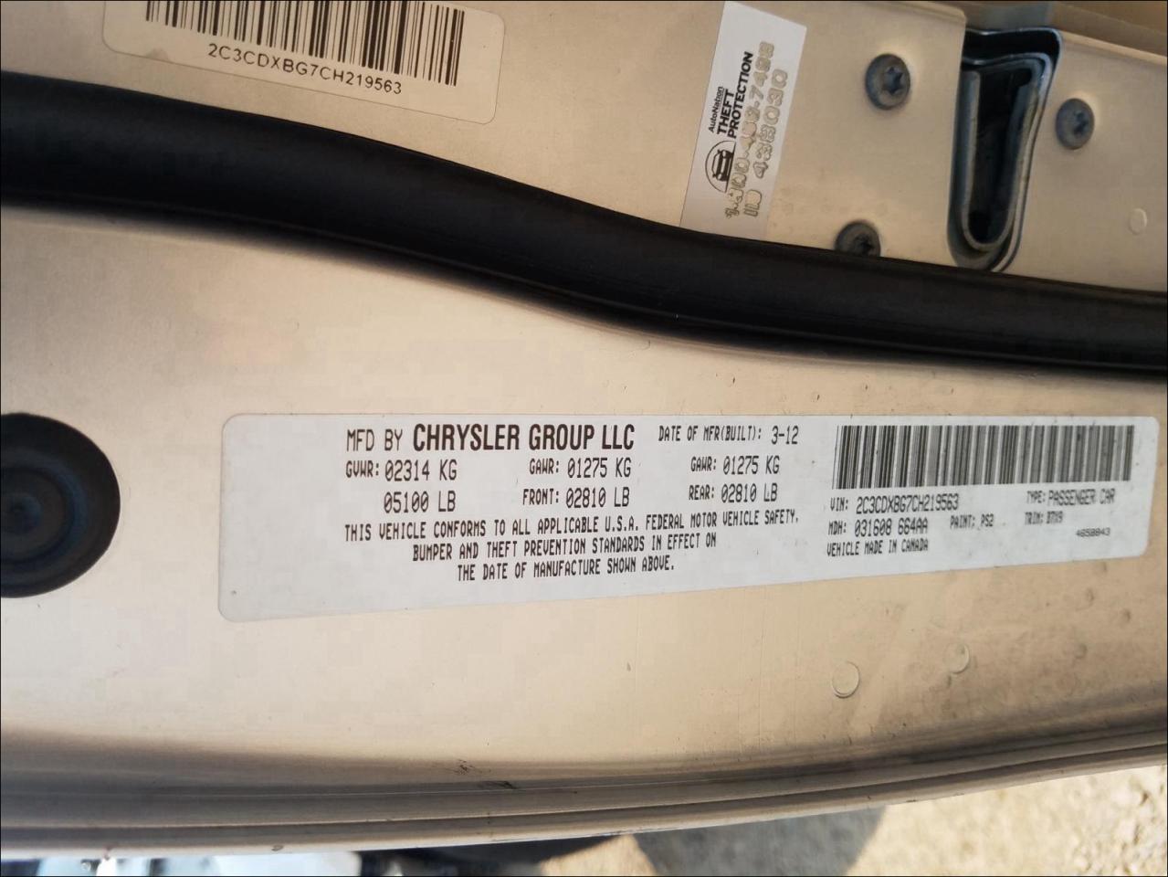 Photo 10 from auction – 2012 DODGE CHARGER SE with VIN 2C3CDXBG7CH219563