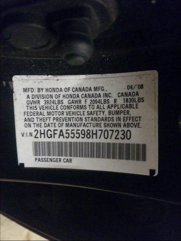 Photo 10 from auction – 2008 HONDA CIVIC with VIN 2HGFA55598H707230