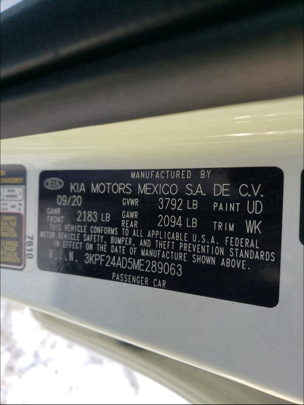 Photo 10 from auction – 2021 KIA FORTE FE with VIN 3KPF24AD5ME289063