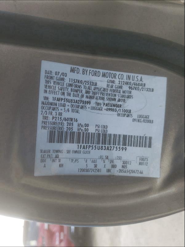 Photo 10 from auction – 2003 FORD TAURUS SES with VIN 1FAFP55U83A275599