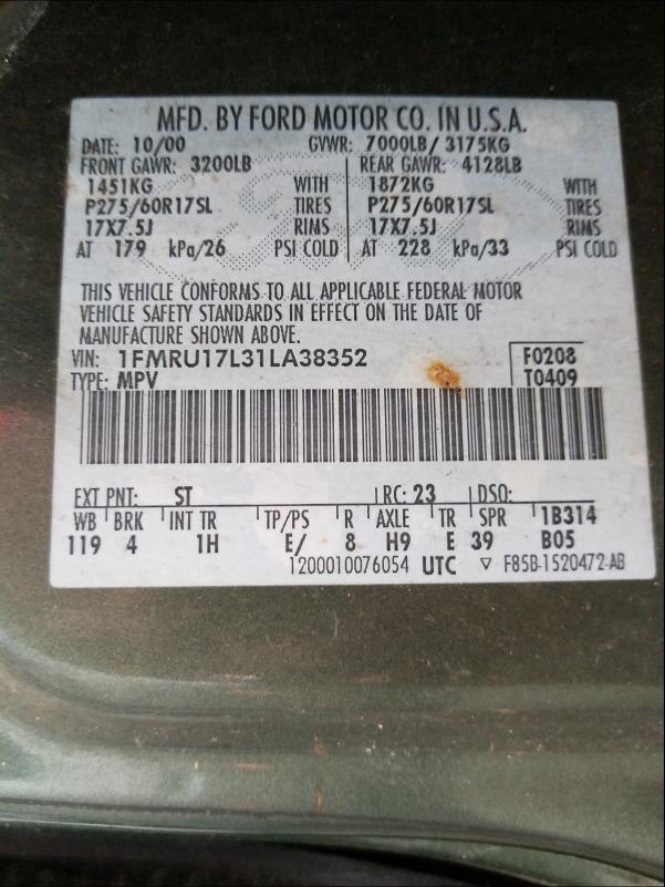 Photo 10 from auction – 2001 FORD EXPEDITION with VIN 1FMRU17L31LA38352