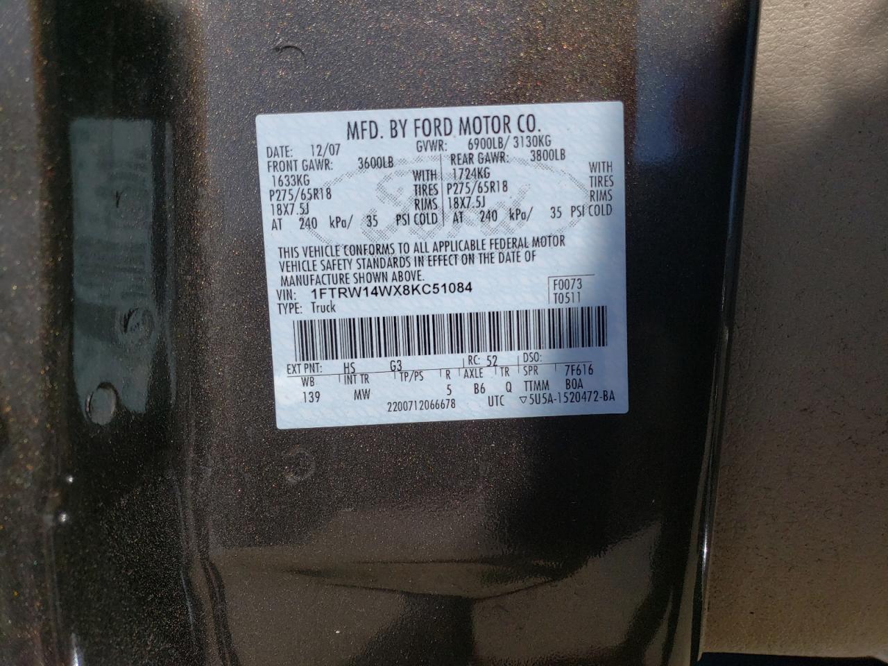 Photo 10 from auction – 2008 FORD F150 SUPER with VIN 1FTRW14WX8KC51084