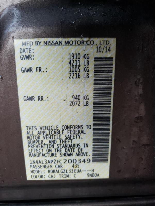 Photo 10 from auction – 2015 NISSAN ALTIMA 2.5 with VIN 1N4AL3AP2FC200349