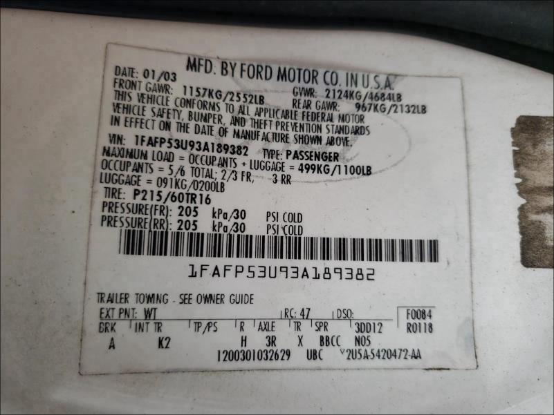 Photo 10 from auction – 2003 FORD TAURUS SE with VIN 1FAFP53U93A189382